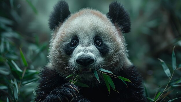 O panda comendo bambu na floresta