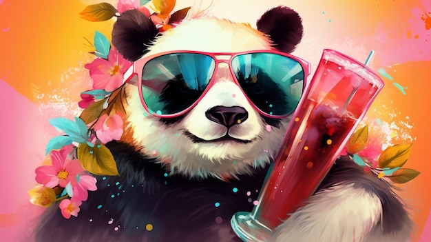 O panda é visto descansando confortavelmente em uma toalha de praia vibrante, usando óculos de sol elegantes que adicionam um ar de frescor ao seu comportamento. Em uma pata, o panda segura uma pequena bebida tropical colorida