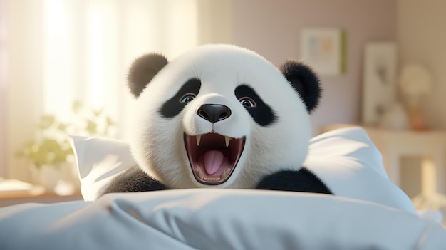 O panda feliz e engraçado deita-se numa cama branca à luz da manhã em frente à janela.