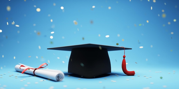 O pano de fundo da gorra de formatura da cerimônia de formatura e o conceito de comemorar o grau de renderização 3D