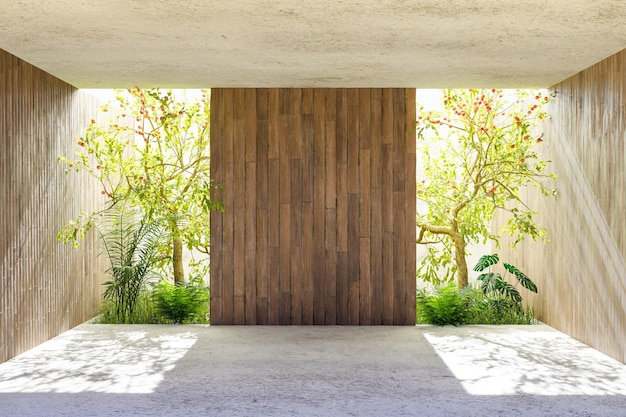 O pano de fundo da luz solar do jardim tropical brilha na sala Área interna em estilo loft moderno com parede de prancha Renderização em 3D fotorrealista