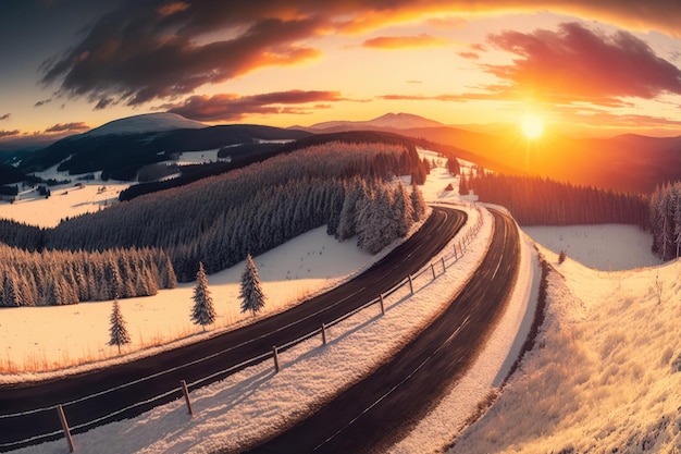 O panorama de inverno nas montanhas é impressionante, um belo pôr-do-sol em uma