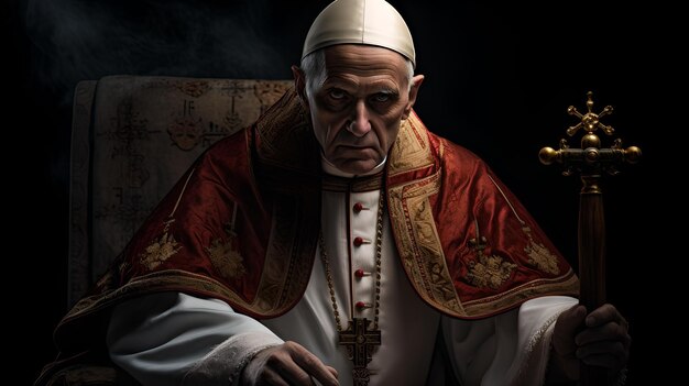 O Papa Benedito senta-se numa cadeira a fumar um cachimbo numa mesa.