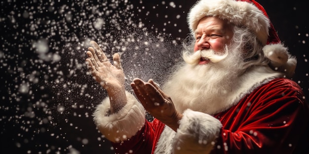 O Papai Noel está a soprar neve mágica das mãos.