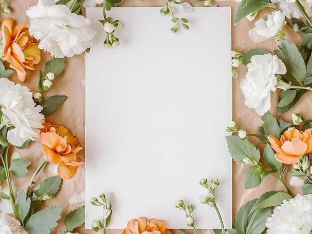 O papel branco fica em meio a um ramo de flores laranja e brancas criando um cenário pitoresco
