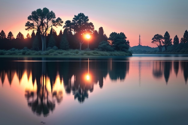 O papel de parede da fotografia da paisagem natural do lago bonito relaxa a ilustração alegre