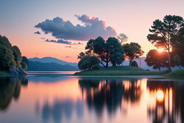 O papel de parede da fotografia da paisagem natural do lago bonito relaxa a ilustração alegre