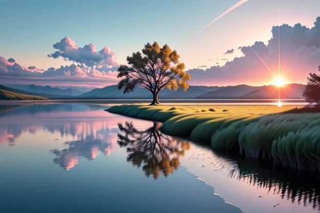 O papel de parede da fotografia da paisagem natural do lago bonito relaxa a ilustração alegre