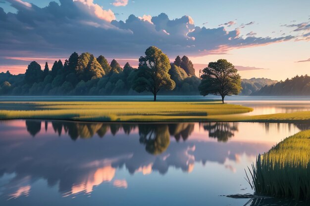 O papel de parede da fotografia da paisagem natural do lago bonito relaxa a ilustração alegre