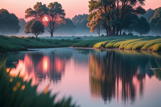 O papel de parede da fotografia da paisagem natural do lago bonito relaxa a ilustração alegre