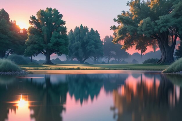 O papel de parede da fotografia da paisagem natural do lago bonito relaxa a ilustração alegre