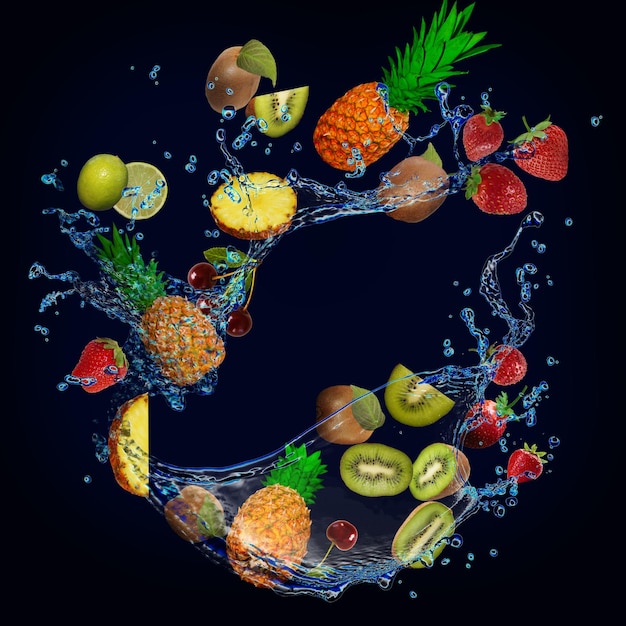 O papel de parede do panorama com frutas na água, abacaxi fresco, kiwi, morango, limão, está cheio de vitaminas e saboroso para a dieta