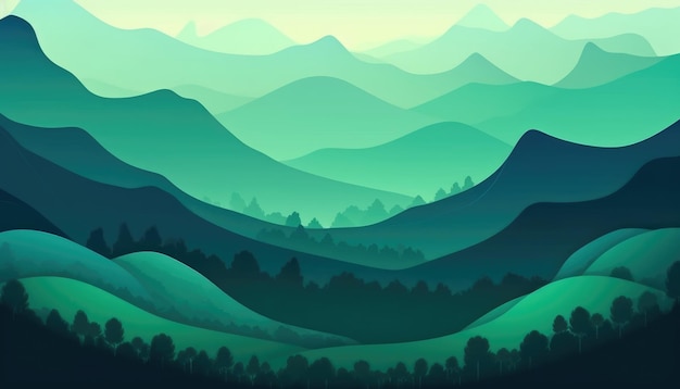 O papel de parede mostra colinas verdes e montanhas em design abstrato Generative AI