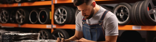 Foto o papel do vendedor masculino como especialista na loja de automóveis significa sua dedicação ao seu trabalho, enquanto ele faz anotações, verifica documentos e examina as características dos produtos.