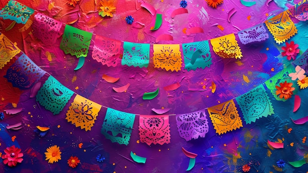 Foto o papel picado é uma arte popular tradicional mexicana que envolve o corte de desenhos intrincados em folhas de papel