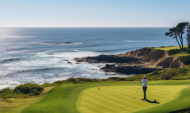 Foto o paraíso dos golfistas jogando em meio ao cenário panorâmico do oceano no campo de golfe