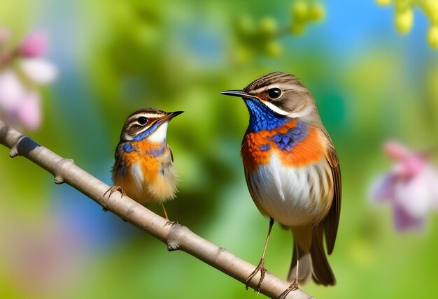 Foto o pássaro de garganta azul masculino senta-se num galho no jardim em flor da primavera e canta