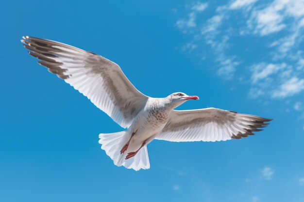 O pássaro gaivota voa no céu azul