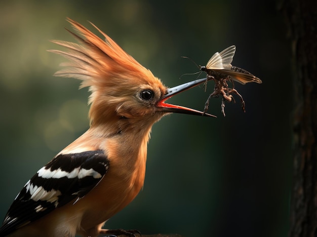 O pássaro Hoopoe da Eurásia com sua captura