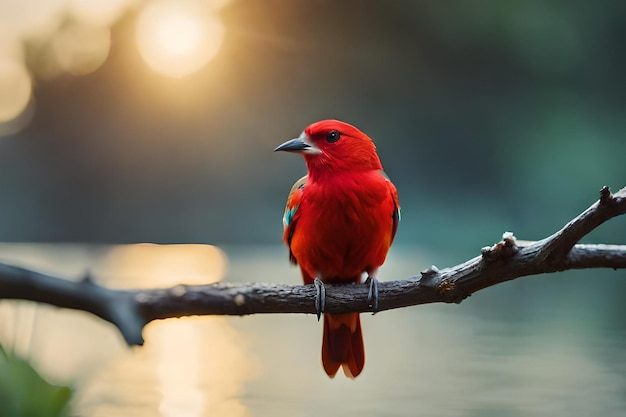 O pássaro vermelho de fantasia está sentado em um galho em magia