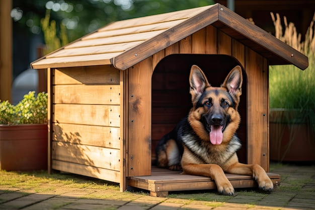 O pastor alemão está a descansar numa casa de cães no quintal.