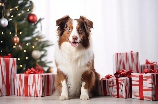 O pastor australiano com presentes de Natal