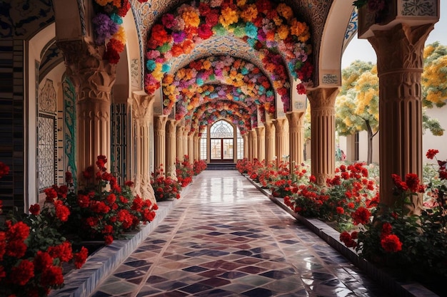 O pátio sereno da mesquita entre as flores