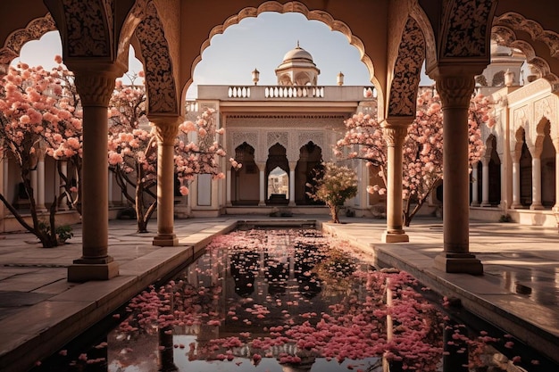 O pátio sereno da mesquita entre as flores
