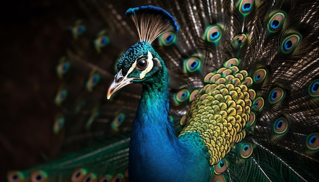 Foto o pavão majestoso exibe um padrão vibrante de penas multicoloridas gerado por ia