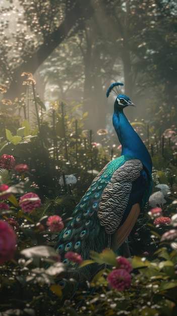 O pavão vibrante, uma deslumbrante exibição da beleza da natureza, exibindo a plumagem colorida e a presença elegante deste majestoso símbolo de graça e elegância.