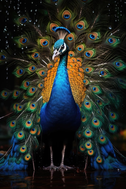 O pavão vibrante, uma deslumbrante exibição da beleza da natureza, exibindo a plumagem colorida e a presença elegante deste majestoso símbolo de graça e elegância.