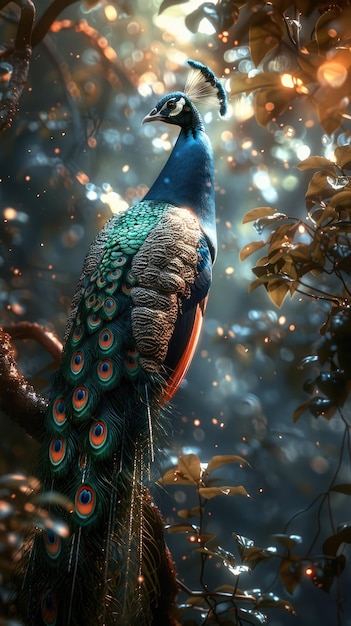 O pavão vibrante, uma deslumbrante exibição da beleza da natureza, exibindo a plumagem colorida e a presença elegante deste majestoso símbolo de graça e elegância.