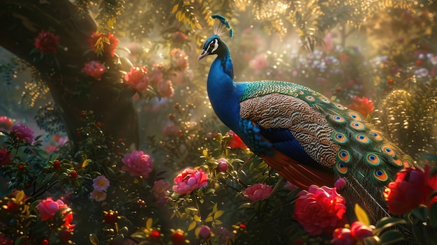 O pavão vibrante, uma deslumbrante exibição da beleza da natureza, exibindo a plumagem colorida e a presença elegante deste majestoso símbolo de graça e elegância.