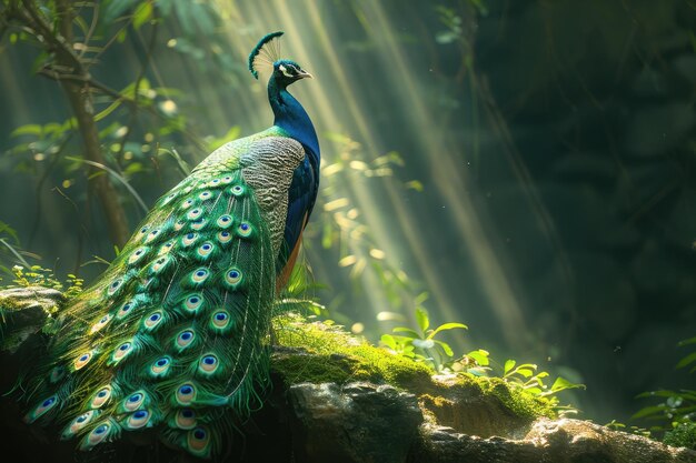 Foto o pavão vibrante, uma deslumbrante exibição da beleza da natureza, exibindo a plumagem colorida e a presença elegante deste majestoso símbolo de graça e elegância.