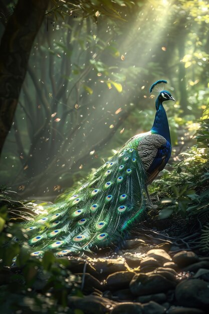 O pavão vibrante, uma deslumbrante exibição da beleza da natureza, exibindo a plumagem colorida e a presença elegante deste majestoso símbolo de graça e elegância.