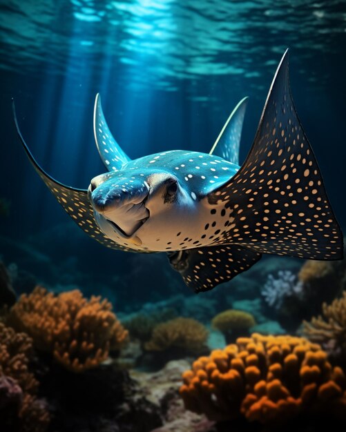 O peixe-raia-água a nadar bem debaixo d'água, foto gerada pela IA.