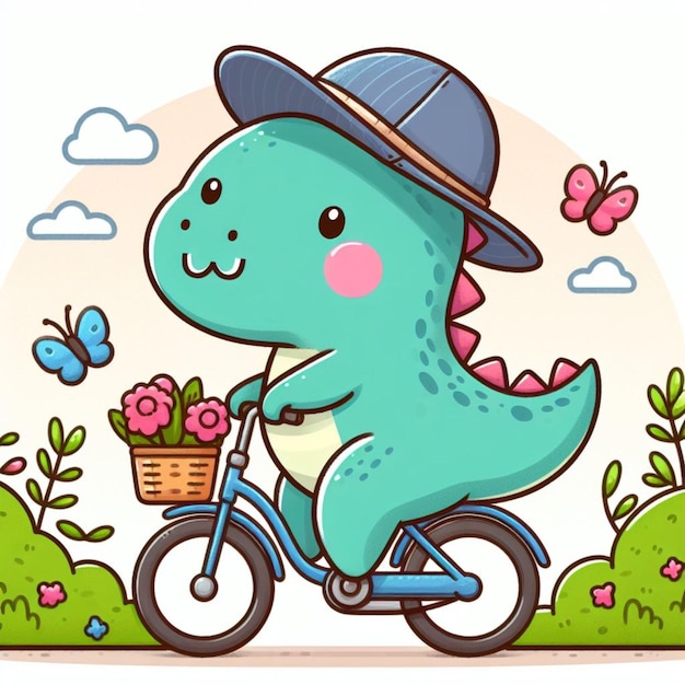 Foto o pequeno dinossauro está a andar de bicicleta.