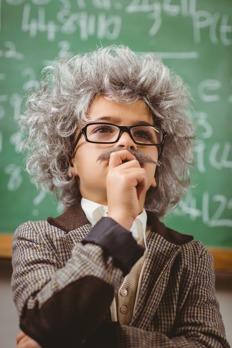 Foto o pequeno einstein pensa na frente do quadro na sala de aula