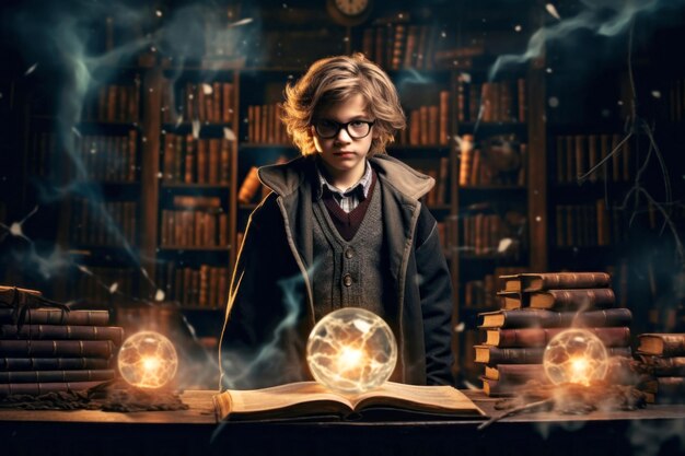O pequeno feiticeiro faz um feitiço no velho conceito de conto de fadas da biblioteca .