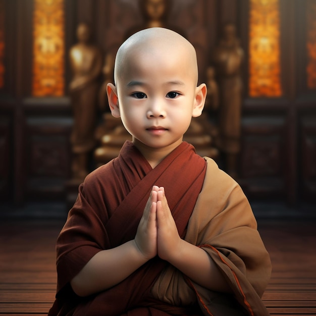 O pequeno monge sentado no chão de madeira com as mãos entrelaçadas