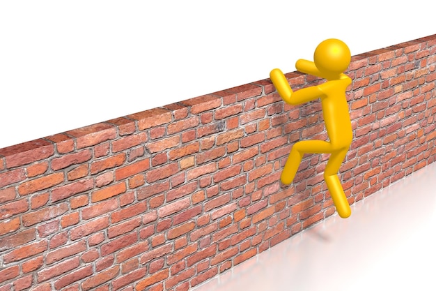 O personagem de desenho animado pula a parede superando o conceito de problemas ilustração 3D