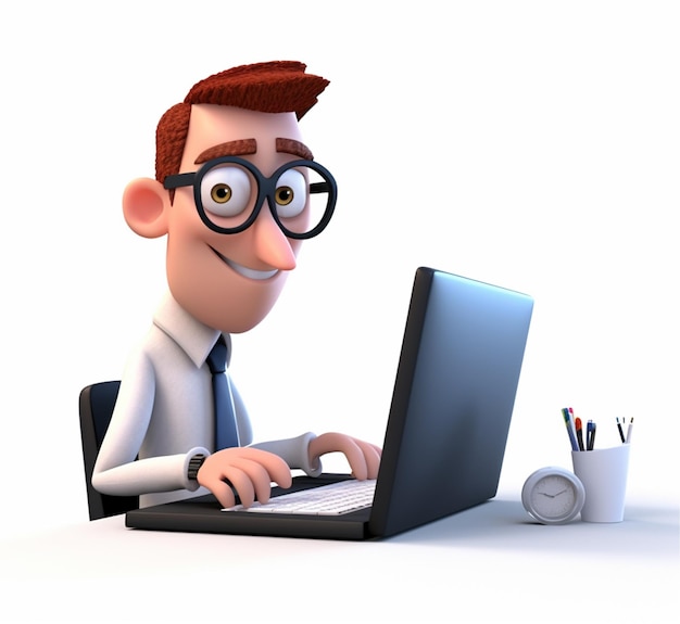 O personagem do homem de negócios está ocupado trabalhando na frente do laptop 3d ilustração generativa ai