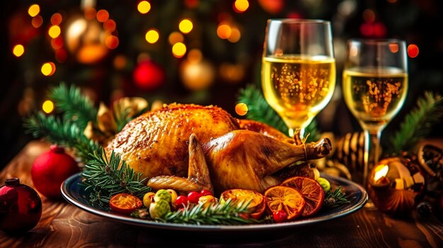 O peru assado suculento e saboroso num prato com decorações de natal o frango assado com legumes o frango asado festa todos os tipos de comida cerveja ai generativa