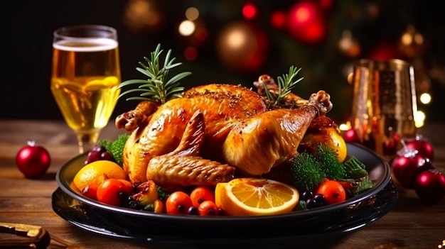 Foto o peru assado suculento e saboroso num prato com decorações de natal o frango assado com legumes o frango asado festa todos os tipos de comida cerveja ai generativa