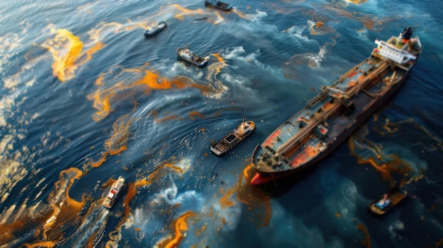 O petroleiro derramou petróleo no acidente do mar e flutua sem esforço sobre a água nesta captura de cena