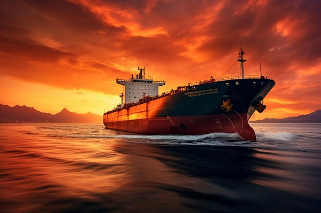 O petroleiro que viaja pelos mares ao anoitecer ou ao pôr-do-sol É a espinha dorsal do comércio e da logística mundiais