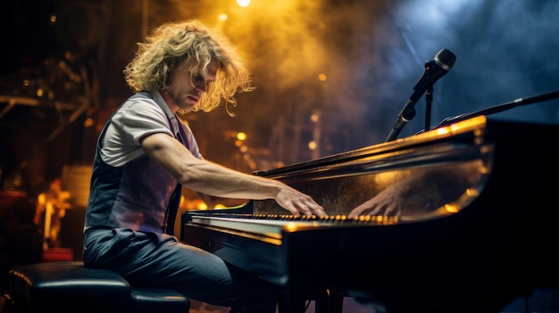O pianista de rock no palco desordenado, apaixonado, batendo teclas, um espectáculo intenso.