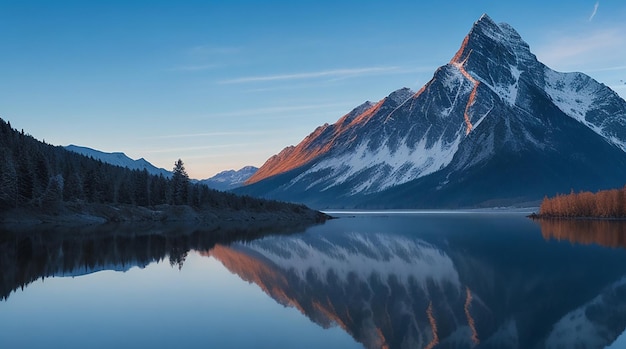 O pico da montanha na paisagem majestosa reflete na água