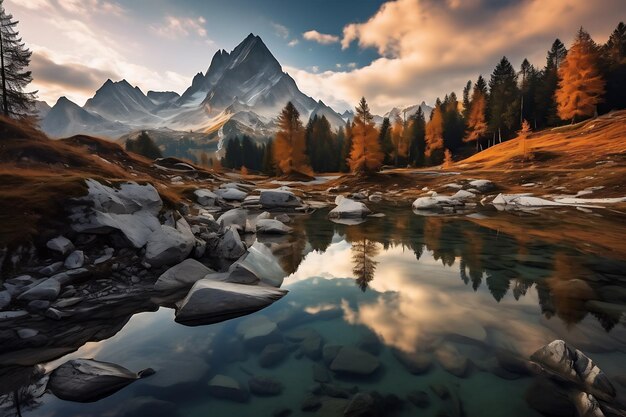 O pico da montanha na paisagem majestosa reflete-se na água