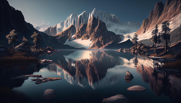 O pico da montanha reflete o pôr do sol deslumbrante sobre a IA geradora de lagos tranquilos